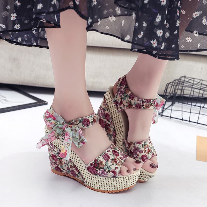 BH165 Women's Bow-knot Floral Sandals, 2026 Summer New Style, Open Toe, Wedge Heel, Korean Style, Thick Sole, Waterproof Platform, Roman Sandals