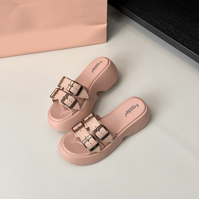 BH904 Kenichan New Korean Style Mid-Heel Sandals for Women, Summer One-Strap Wedge Sandals with Four Buckles, Suitable for Outdoor Wear